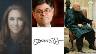 The Duchess' portrait, Jack Lew and his signature, Hamid Karzi and his cape