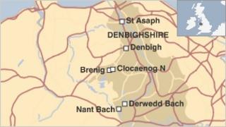 A map of the wind farm sites in Denbighshire