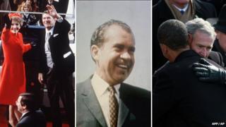 Nancy and Ronald Reagan; Richard Nixon; after taking the oath of office. Obama is embraced by George W Bush