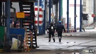 Emergency workers at the Lubrizol factory in Rouen, from where foul smelling industrial gas has leaked