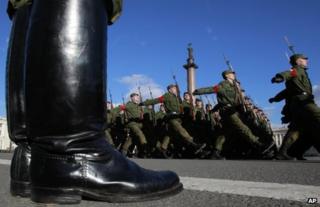 Russian soldiers march during a rehearsal for a parade in St Petersburg (file photo)