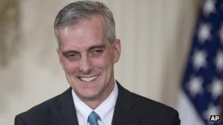 Current Deputy National Security Adviser Denis McDonough smiles in the East Room of the White House in Washington, 25 January 2013