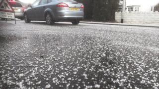 Hailstones on the road in Rhiwbina, Cardiff
