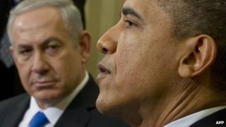 Israeli Prime Minister Benjamin Netanyahu (background) with US President Barack Obama in Washington DC, 5 March 2012