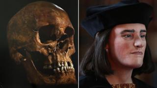 Richard III skull next to facial reconstruction