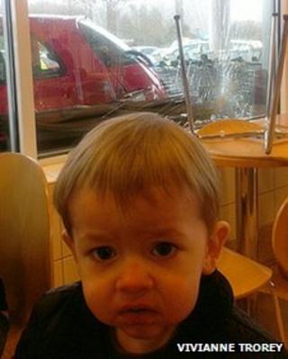 Jenson Lusher near a smashed window at Swaffham Waitrose in Norfolk