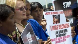 South African opposition leader Helen Zille (2nd L) among protesters on 11 February 2013 Cape Town