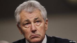 Chuck Hagel giving testimony on Capitol Hill on 31 January 2013