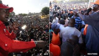 L: Uhuru Kenyatta at a rally R: Raila Odinga at a campaign rally