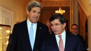 US Secretary of State John Kerry with Turkish Foreign Minister Ahmet Davutoglu in Ankara on 1/3/13