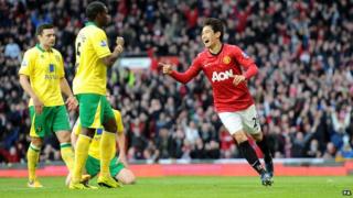 Manchester United's Shinji Kagawa celebrates scoring his teams second goal.