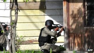 Indonesian anti-terror police Densus 88 in the centre of Poso, Central Sulawesi, in November 2012