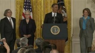From left: Ernest Moniz, Gina McCarthy, Barack Obama and Sylvia Mathews Burwell at a White House ceremony in Washington DC 4 March 2013