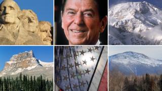 Mount Rushmore, Ronald Reagan, Mount McKinley, the Presidential Range, US flag, Castle Mountain (formerly Mount Eisenhower)