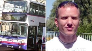 A montage picture of First bus and Dan Farr