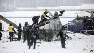 Two helicopters after a crash in Berlin