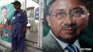 A security man stands guard at the entrance of former president Pervez Musharraf"s campaign office