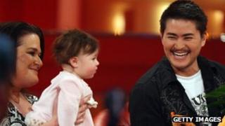 Thomas Beatie (R), Nancy Beatie and daughter Susan Juliette pictured during the RTL 2008 review show in Cologne, Germany 7 December 2008