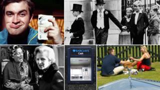 Composite image showing, clockwise from top right: Harry Enfield's Loadsamoney character, local boys looking in amusement at Harrow schoolboys in top hats, a couple drinking champagne in front of a Rolls Royce, a cash machine and Margaret Thatcher shaking hands with a woman whose her hair is in rollers during an election campaign