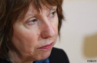 EU foreign policy chief Catherine Ashton emerges from talks in Almaty, 6 April