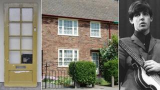 Composite of Paul McCartney's old door, his old house, and a picture of him from the Beatles days