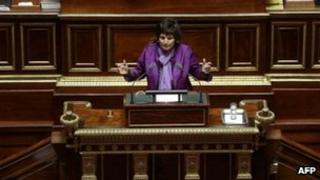 French Family minister Dominique Bertinotti addresses the senators in the semicircle of the French Senate in Paris, on 4 April 2013
