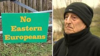 Eddie Whitehead and the sign he put up at Dog Lane Fishery