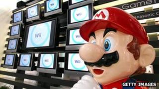 Japanese video game giant Nintendo's game character Super Mario stands at a showroom in Tokyo