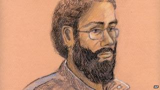 This courtroom artist sketch shows Chiheb Esseghaier in a Toronto courtroom on 24 April 2013