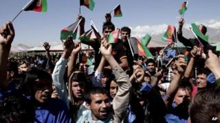 Afghans chant slogans against Pakistan during a demonstration in Kochkin area on the outskirts of Kabul, Afghanistan