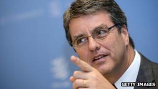 Brazil's Roberto Azevedo gesturing during a press conference in Geneva