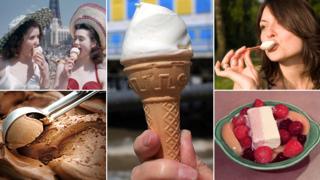 Composite image showing, clockwise from top left: Two women enjoying ice cream on Blackpool beach, an ice cream cornet, a woman finishing a choc ice on a stick, a bowl of fruit topped with a block of vanilla and strawberry ice cream circa 1955, and a scoop of luxury chocolate ice cream