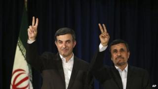 Iranian President Mahmoud Ahmadinejad, right, and his close ally Esfandiar Rahim Mashaei, at a news conference after registering Mr Mashaei's candidacy