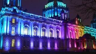 The historic stained glass upper windows of Belfast City Hall
