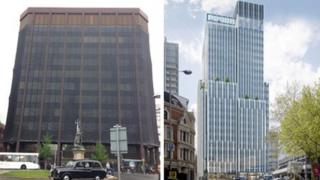 Derelict Thames Tower (left) and artist's impression (right)