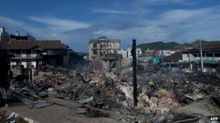 A destroyed market is seen in the downtown area of Lashio, Shan state of Myanmar on May 29, 2013.