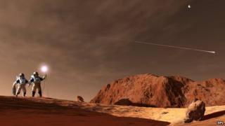 Art work of humans on the surface of Mars