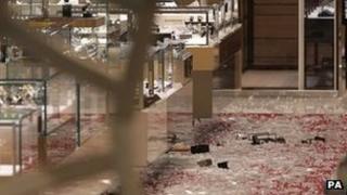 The scene of a smash and grab robbery in Selfridges,