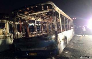 Mobile phone photo showing remains of bus