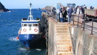 Sark Shipping ferry in Maseline Harbour with passengers waiting to board