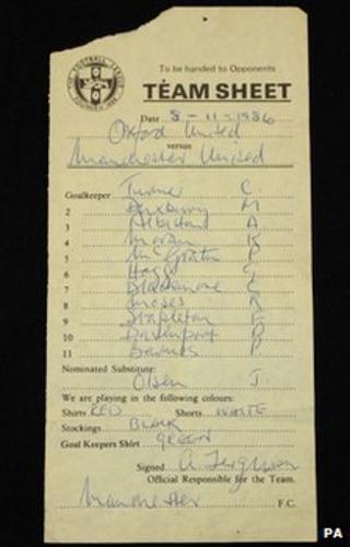 Team sheet from first Manchester United match managed by Sir Alex Ferguson