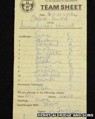 Oxford Utd v man Utd team sheet from 1986
