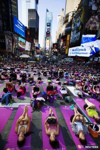 Yoga enthusiasts in Times Square