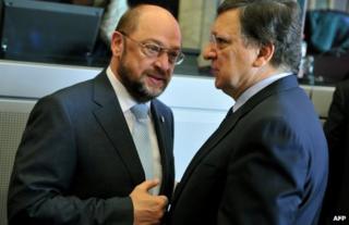 European Parliament speaker Martin Schulz (left) talks to European Commission President Jose Manuel Barroso in Brussels, 27 June