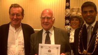 Bristol Mayor George Ferguson, Bristol Lord Mayor councillor Faruk Choudhury and sword bearer with Prof Higgs