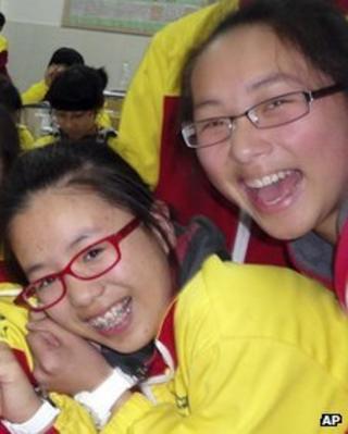 Undated photo of Ye Mengyuan, left, and Wang Linjia in a classroom in Jiangshan city in eastern China's Zhejiang province
