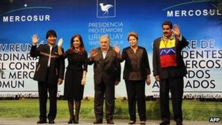 (L-R) Presidents Evo Morales of Bolivia, Cristina Fernandez de Kirchner of Argentina, Jose Mujica of Uruguay, Dilma Rousseff of Brazil and Nicolas Maduro of Venezuela pose for the official picture of the Mercosur Summit