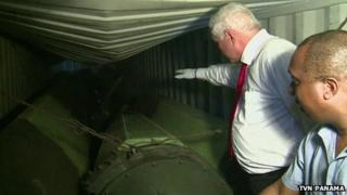 TV image of Panamanian President Ricardo Martinelli inspecting the suspected military cargo (Credit: TVN Panama)