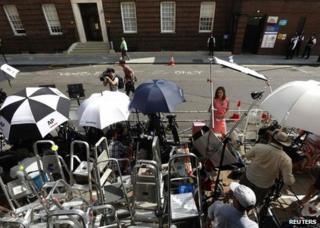 Massed ranks of the media outside the hospital