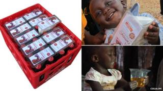ColaLife kits in a crate and with young children